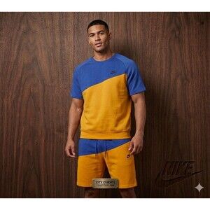 Nike Mens Blue Yellow Colorblock Sweatshirt Shorts Set Sz 2XL Casual Athleisure
